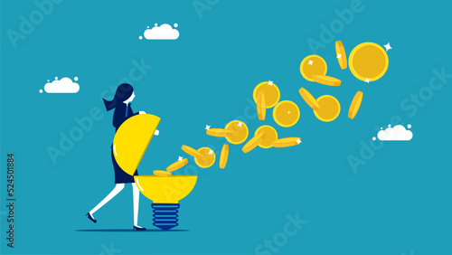 Creativity makes money. businesswoman turns on a light bulb with money floating out. vector © Nastudio