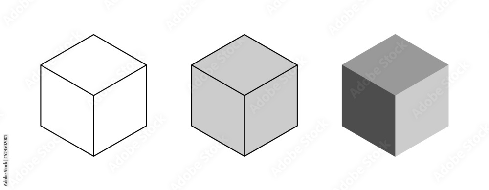Basic Geometry Set of Cubes with Wireframe or Contour, Solid and Shaded Cube Forms in Perspective. Vector Image.