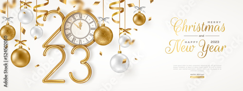 Merry Christmas and Happy New Year banner with hanging gold and white 3d baubles, confetti and 2023 numbers. Vector illustration. Winter holiday decorations, golden vintage clock. Place for text