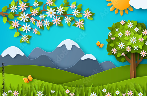 Spring nature landscape scenery poster paper cut style. Vector illustration. Summer day poster, clouds, blooming tree, mountain, butterfly. Outdoor modern cartoon concept, village countryside scene