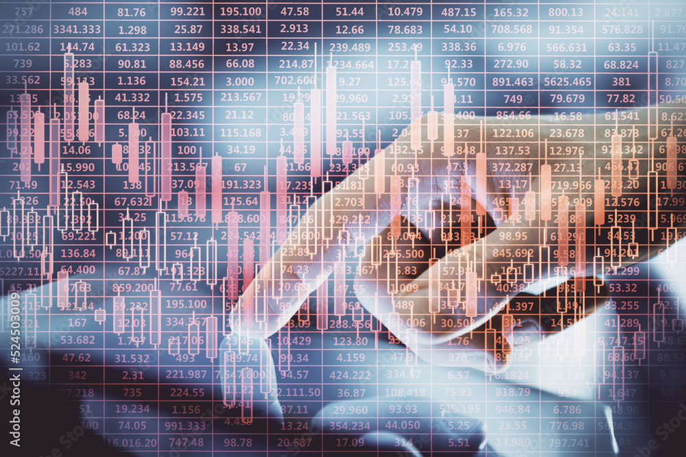 Multi exposure of man's hands holding and using a digital phone and forex graph drawing. Financial market concept. Multi exposure of man's hands holding and using a digital phone and forex graph drawing. Financial market concept.