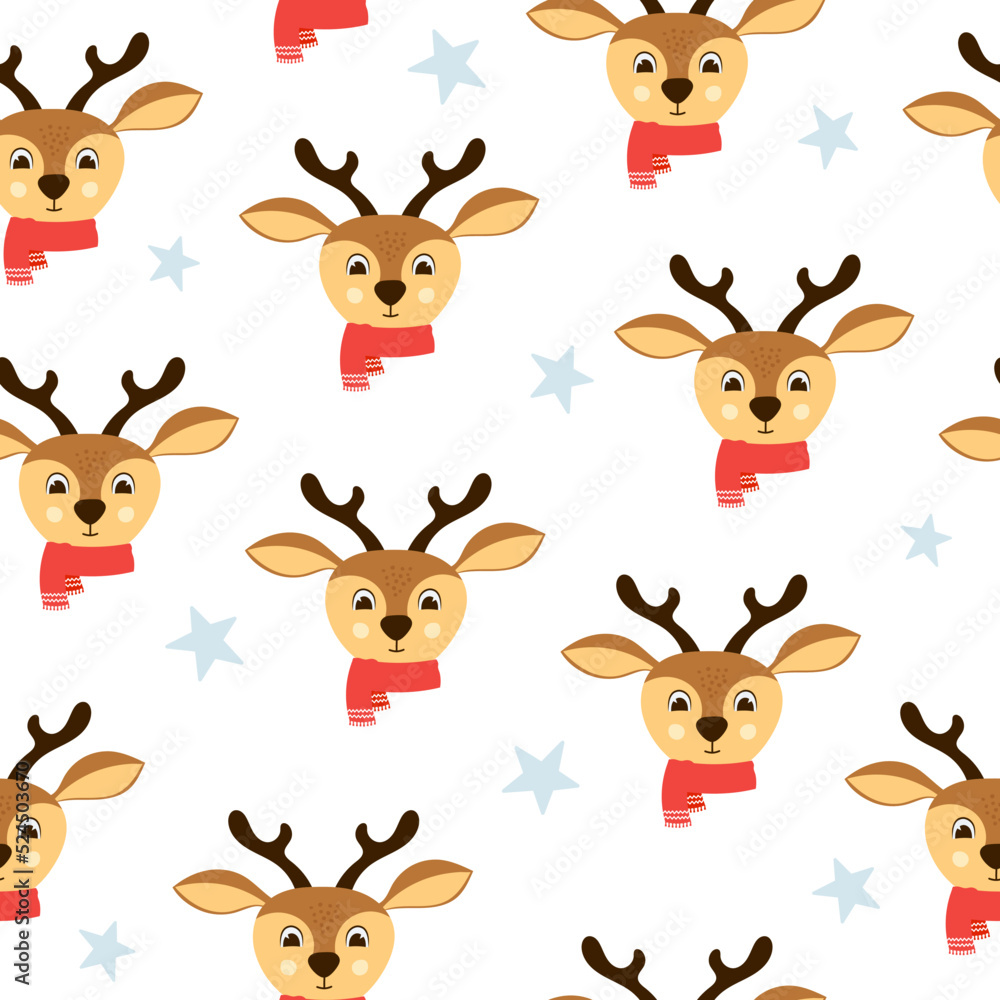 Seamless pattern of cute deer head with red scarf. Background for Christmas design. Seamless pattern of cute deer head with red scarf. Background for Christmas design.