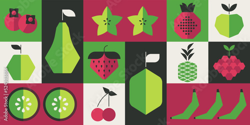 Geometric fruits. Abstract geometry natural eco food bauhaus style, agriculture restaurant concept. Vector background