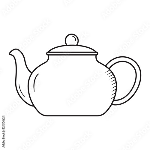 Outline teapot doodle. Hand drawn silhouette of vintage kettle. Teatime vector item isolated on white. Black line tea ceremony object