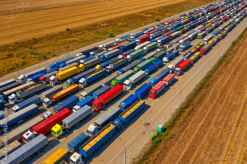 Queue of trucks to Odesa port. Blockade of the Black Sea by Russia © maykal