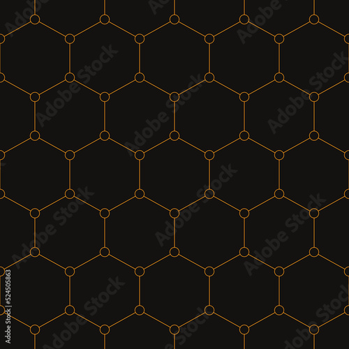 Seamless hexagons vector pattern. Honeycomb abstract geometric background. Hexagons and small circles. Stylish geometric pattern. Orange hexagons  isolated on black background.