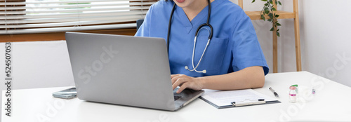 Veterinarian or animal nurse is using a laptop to collect veterinary history and recommend a medical diagnosis in a hospital, Save animals, Care and treatment, Animal hospital.