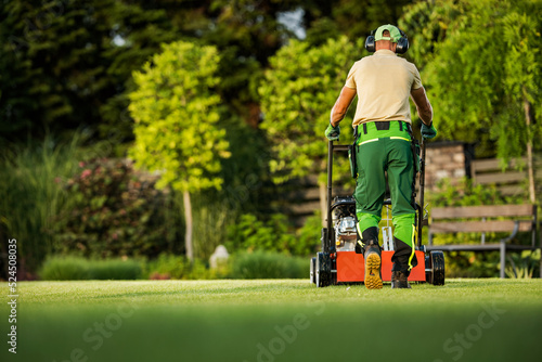 Landscaper Pushing Scarifier Machine Taking Care of the Lawn photo