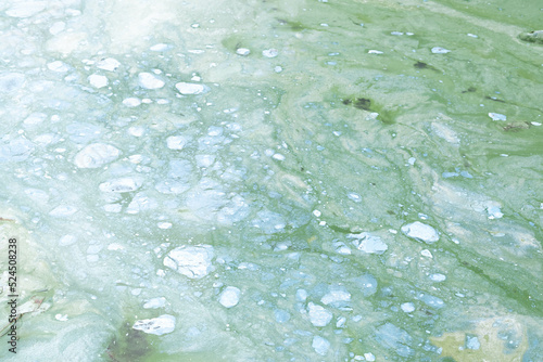 Blurred image of polluted water in the river by blue-green algae.