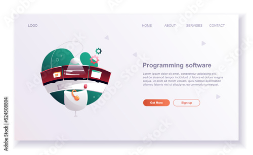 Programming concepts, coder workplace, vector illustration. Web site landing page template.
