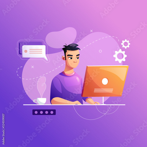 Programmer concentrated at working project. Developing programming and coding technologies. Screen with codes, developer at work with task. Geek coding software with laptop and pc. Isolated vector