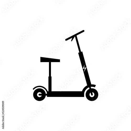 Electric scooter with seat icon. Electro transport logo. Vehicle silhouette with lightning symbol. Flat vector illustration
