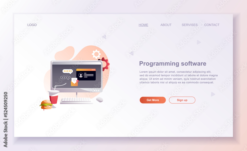 Programming concepts, coder workplace, vector illustration. Web site landing page template.