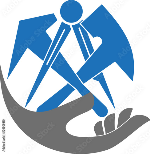 Hand und Dachdeckerwerkzeuge. Dachdecker, Handwerker, Logo, Icon