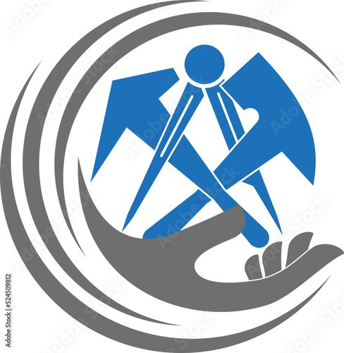 Hand und Dachdeckerwerkzeuge. Dachdecker, Handwerker, Logo, Icon, Button.