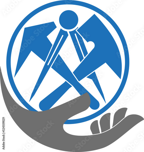 Hand und Dachdeckerwerkzeuge. Dachdecker, Handwerker, Logo, Icon