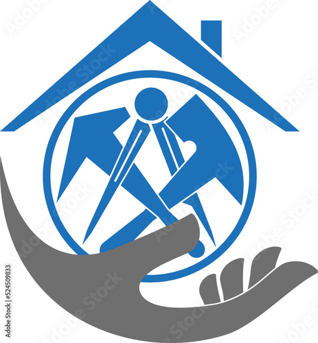 Hand und Dachdeckerwerkzeuge. Dachdecker, Handwerker, Logo, Icon