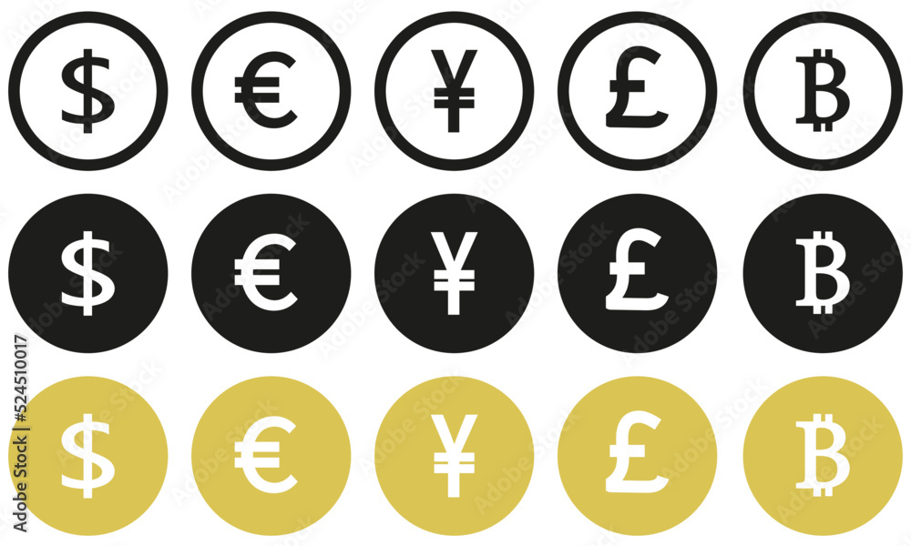 Icons dollar, pound, euro, yuan, bitcoin. Internet flat icon symbol for applications. eps10 Icons dollar, pound, euro, yuan, bitcoin. Internet flat icon symbol for applications. eps10