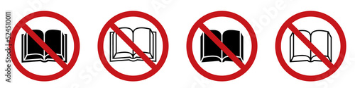 No book icons set. Reading book prohibition sign isolated on white background. Vector illustration