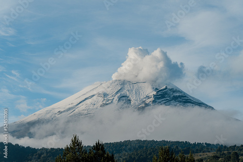 Sunny scenic landscape view, Popocatepetl volcano,Puebla Mexico photo