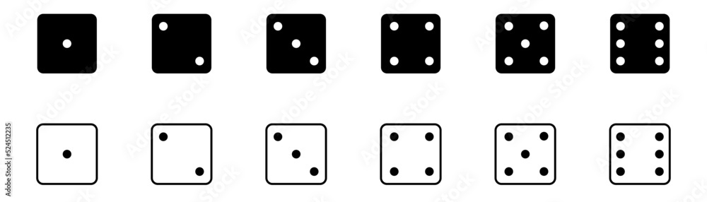 Game of dice. Game dice set isolated on white and black backgrounds. Bones in flat and linear design from one to six. Vector illustration Game of dice. Game dice set isolated on white and black backgrounds. Bones in flat and linear design from one to six. Vector illustration