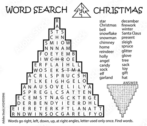 Zigzag Word Search Puzzle with Christmas Tree. Words go right, left, down, up, at right angles, letter used only once. Find words. Logic game for learning English. Worksheet for kids, adults. photo