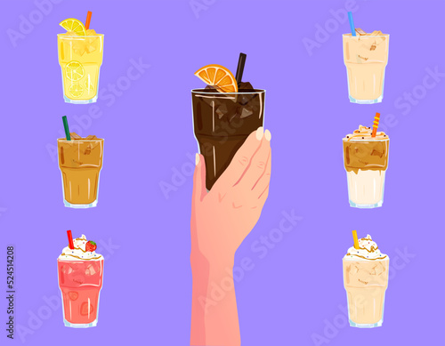 Hand holding coffee. Types of coffee, iced coffees vector illustration. Americano, cappuccino, latte, espresso, americano, mocha, frappuccino, milkshake, lemonade, drip coffee.