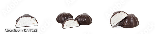 Set of close-up shot of whole marshmallows and one half covered with chocolate isolated on white background. Yummy mini dessert, closeup