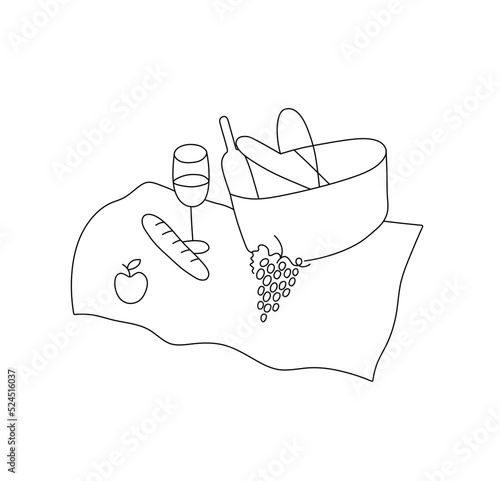 Vector isolated picnic basket with wine on the cover colorless black and white contour line doodle drawing