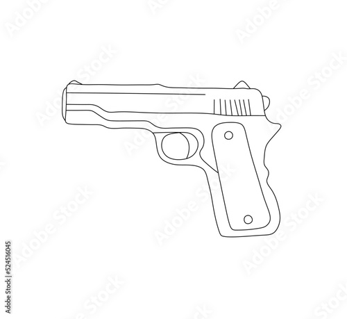 Vector isolated gun handgun pistol colorless black and white contour line easy drawing