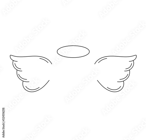 Vector isolated pair of angel wings with halo colorless black and white contour line easy drawing