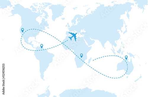 A blue airplane flying over a blue world map. Dashed route line and stop icons. Vector illustration