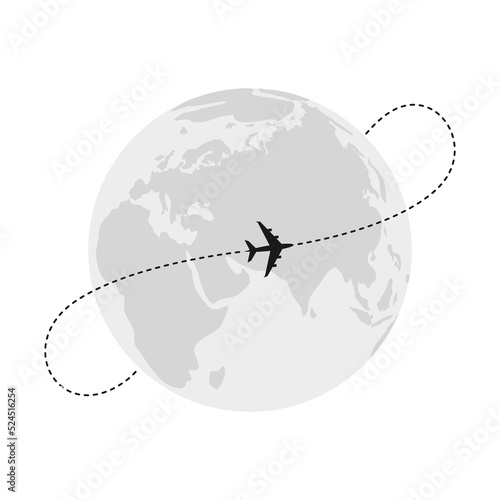 The plane flying around the earth globe on a white background. Monochrome vector illustration