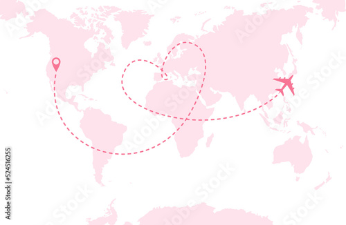 A pink airplane flying over a pink world map. Dashed route line in the form of a heart. Vector illustration