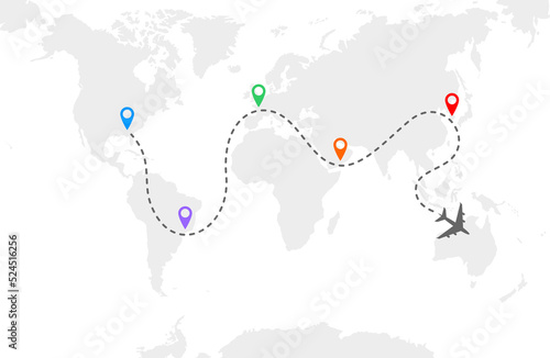 A gray airplane flying over a world map. Gray dashed route line and colored stop icons. Vector illustration