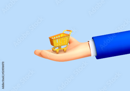 3D cartoon human hand holding shopping cart isolated on blue background. Vector 3d illustration.