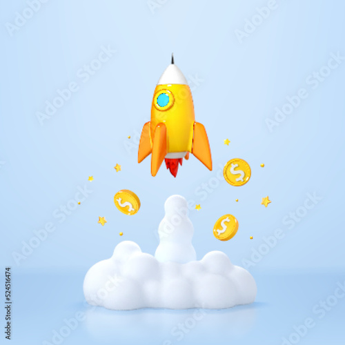Rocket launching with smoke and dollar flying coins. Business start-up concept. Vector 3d illustration