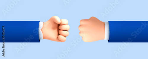 Cartoon hands of businessman making fist bump isolated on blue background. Vector 3d illustration