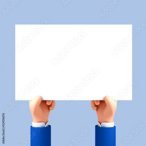 3D cartoon hands holding empty sign board. White empty sheet of paper in hands. Promotion or sale concept. Vector 3d illustration.