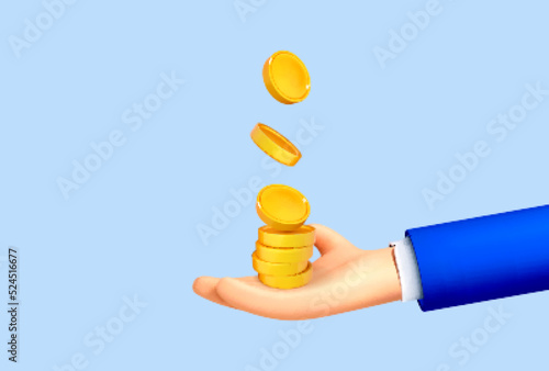 Cartoon hand holding falling coins isolated on blue background. Vector 3D illustration..