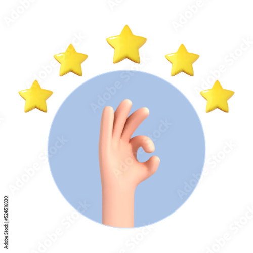 3D cartoon hand hand making OK gesture for success or good feedback. Positive concept and OK symbol. Customer review rating and client feedback concept. 3d vector illustration