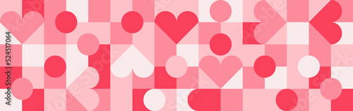 Seamless pink background for Mother's Day card template. Trendy geometric shapes with circles, squares and hearts in retro style for a Valentine's Day or wedding day cover.