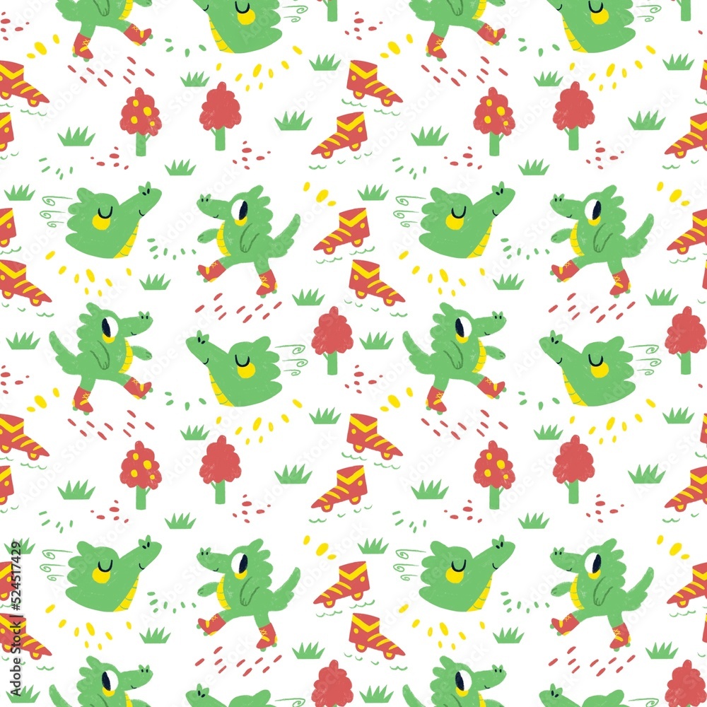 children's pattern with the image of a green dinosaur on roller skates.  You can use it to print on wrapping paper or according to your choice	
