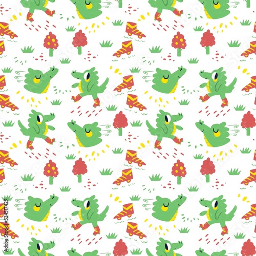 children's pattern with the image of a green dinosaur on roller skates. You can use it to print on wrapping paper or according to your choice 