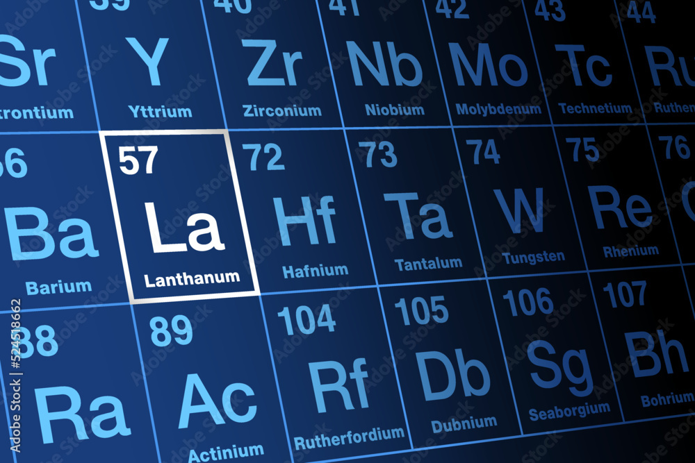 Lanthanum, on periodic table. Metal and rare earth element, with symbol