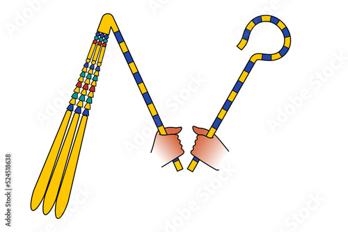 Crook and flail, symbols in ancient Egypt. Heka and nekhakha, originally attributes of god Osiris, became pharaoh authority insignia. Shepherd crook for kingship, and flail for fertility of the land. photo