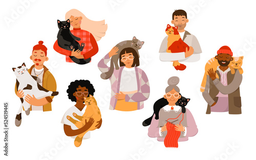 Cartoon isolated portraits of happy young and old characters hold and hug cute domestic animals, man and woman carrying little kitty on shoulders. Pet owners holding cats set vector illustration