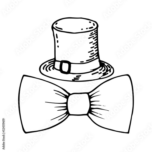 Man cylinder hat and bow tie. Gentlemen. Men club, party. Hand drawn vector