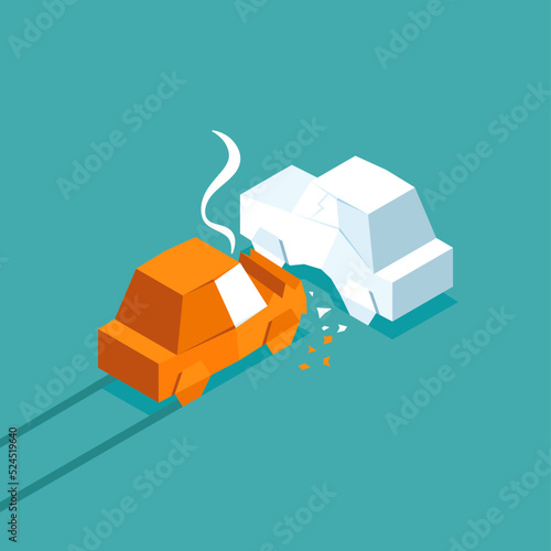 Orange origami car crash a white car on blue background, causing an accident. Vector illustration isometric flat design.