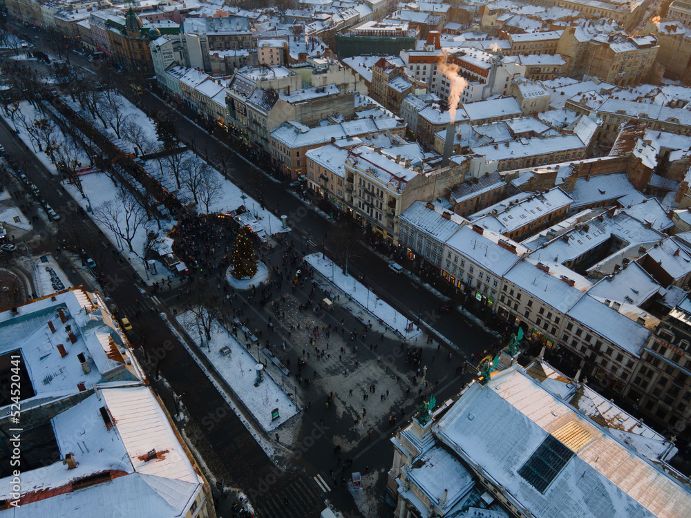 overhead view of city center at christmas holidays overhead view of city center at christmas holidays
